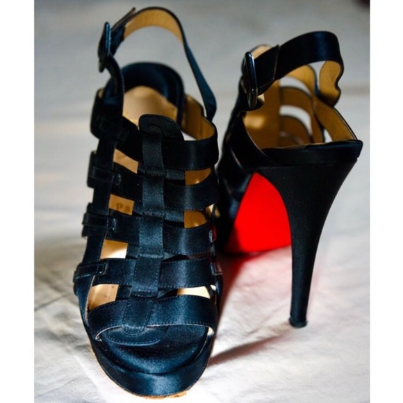 Christian Louboutin Black Satin Strappy Heels with Red Soles - Picture 1 of 14